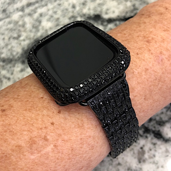 New pave Black/Black Apple Watch crystal Band and Lab Diamond Bezel 2 pc set - Picture 6 of 9